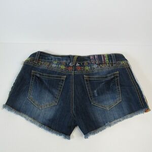 Rue 21 Sz 1/2 Distressed Denim Embroidered Cutout Sides cutoff raw Jean Shorts